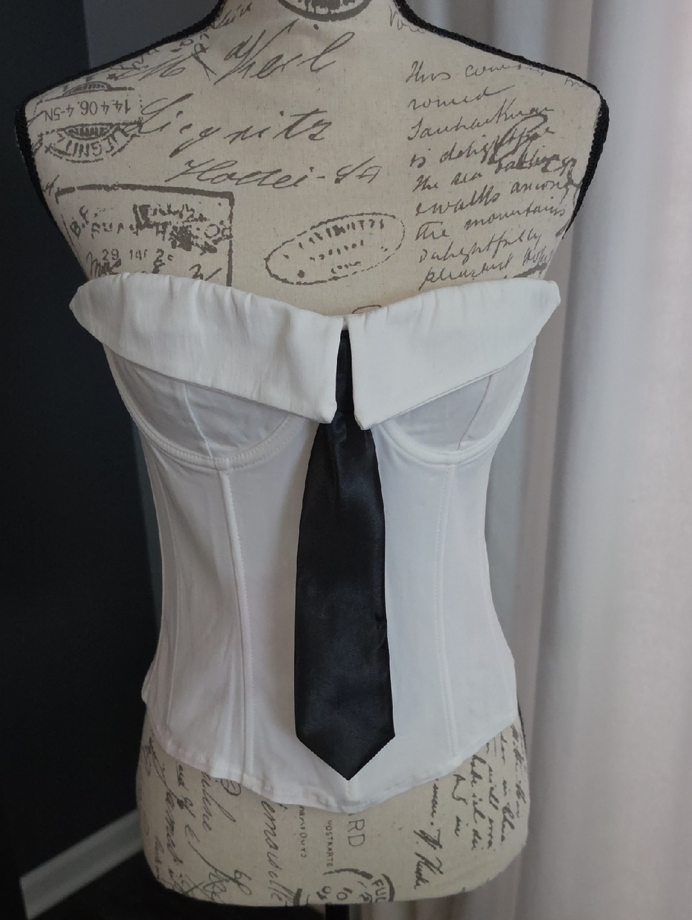 White Strapless Corset Top with Black Neck Tie
